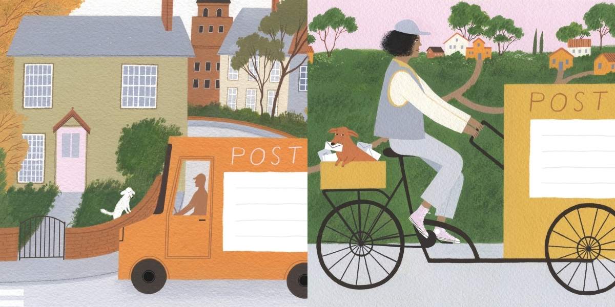 2 illustraties van postbodes in een bezorgbus en op de fiets