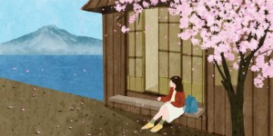 illustratie van een dame met een rugzak voor een huis in Japan naast een Japanse kersenbloesem