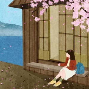 illustratie van een dame met een rugzak voor een huis in Japan naast een Japanse kersenbloesem