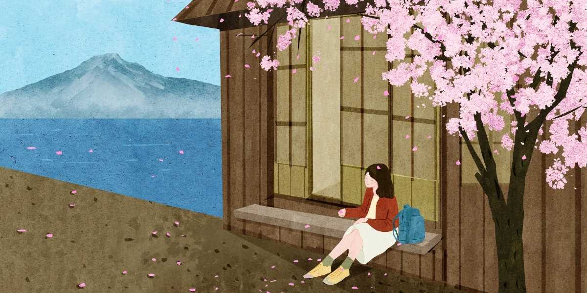 illustratie van een dame met een rugzak voor een huis in Japan naast een Japanse kersenbloesem