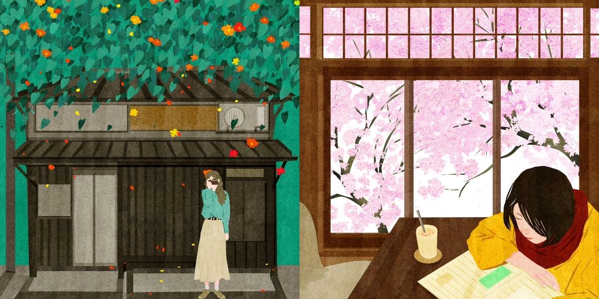 Twee illustraties in Japan. Links een toerist die voor een Japans huisje staat en een foto maakt. Rechts een Japans meisje dat een boek leest en een kop koffie drinkt